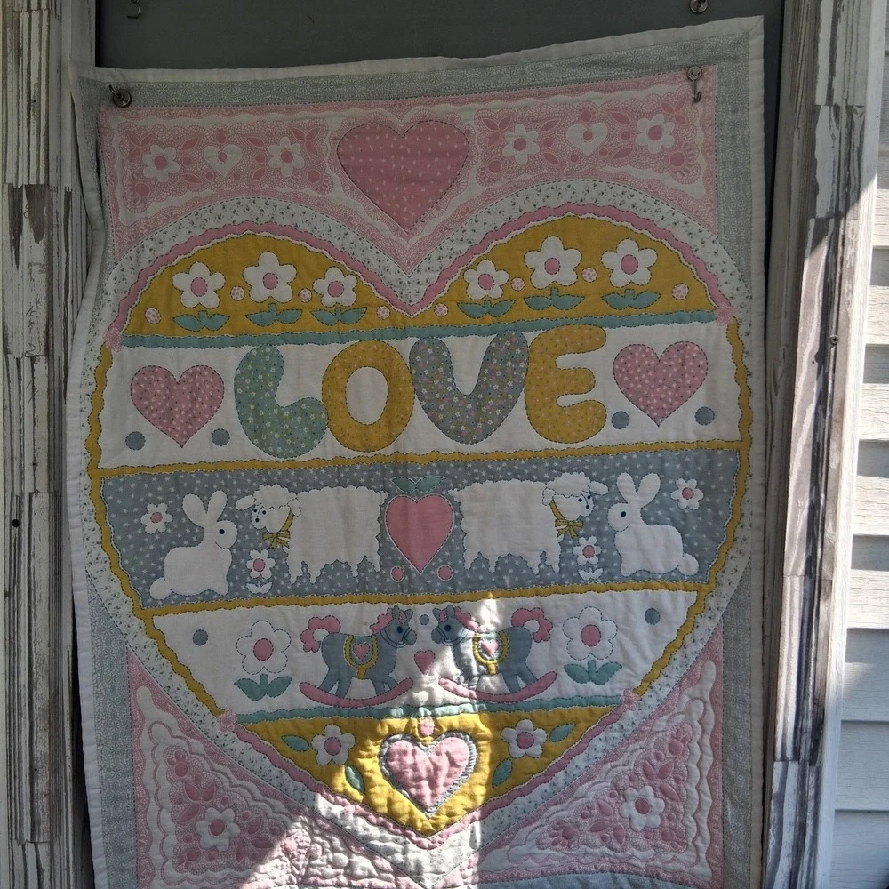 Vintage 90s Baby Quilt Blanket‎ Pastel Hearts Bunnies Sheep Rocking Horse VGVC